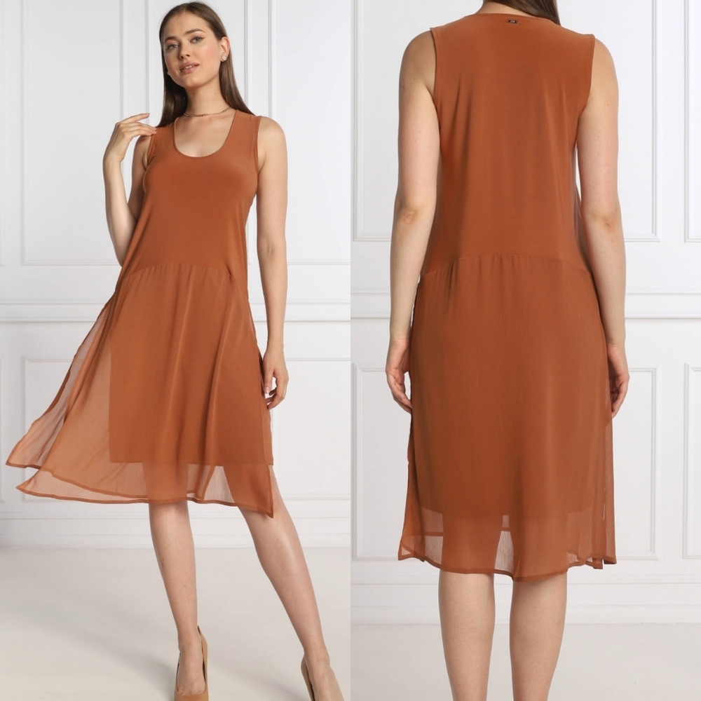 DKNY Tunic Tank Dress NEW Chiffon Stretch Womens Xl Brown Sleeveless Minimalist